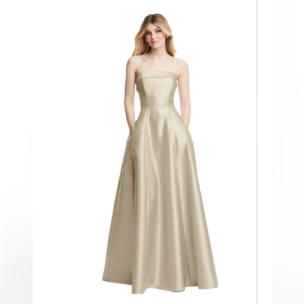 Dessy Alfred sung dress champagne